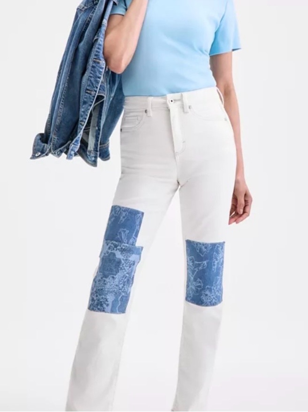 Style & Co Cream High-Rise Jeans with Blue Patchwork Knees